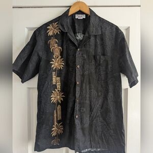 Pacific Legend Men's L Hawaiian Shirt Black Tiki Totem Surfboard Made in Hawaii